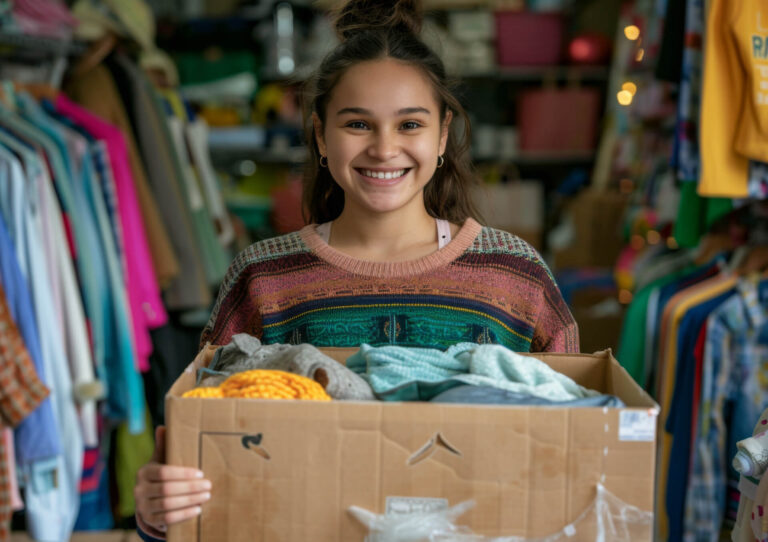 a young girl carrying a box of donated clothing
